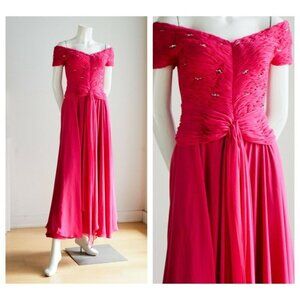 Vintage Pink  Gathered Ruched Bodice Off The Shoulder Chiffon Gown w rhinestones